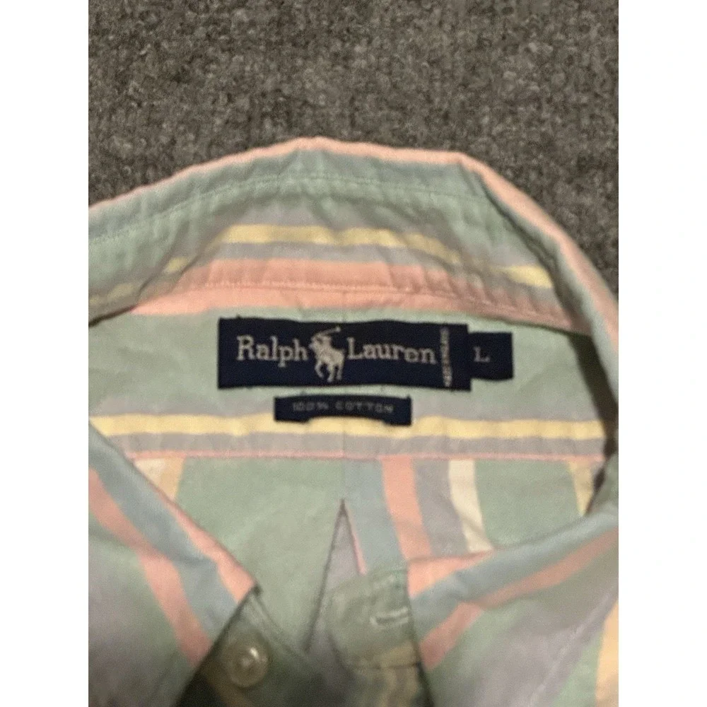 Polo Ralph Lauren Men's L Multicolor Preppy Button Flesh Striped Dress Shirt EUC